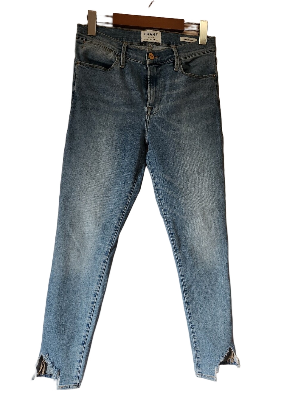 FRAME Le High Skinny Jeans Prizzi Wash Raw Step Hem Distressed Size 28 EUC